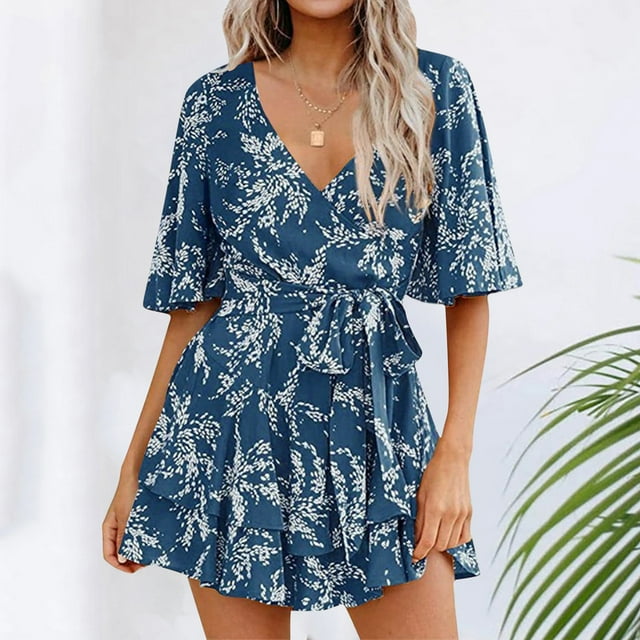 WILLBEST Dress Robes et Combinaisons à Fleurs pour Femmes, Col en V, Manches, Ceinture à Nouer, Plissée,