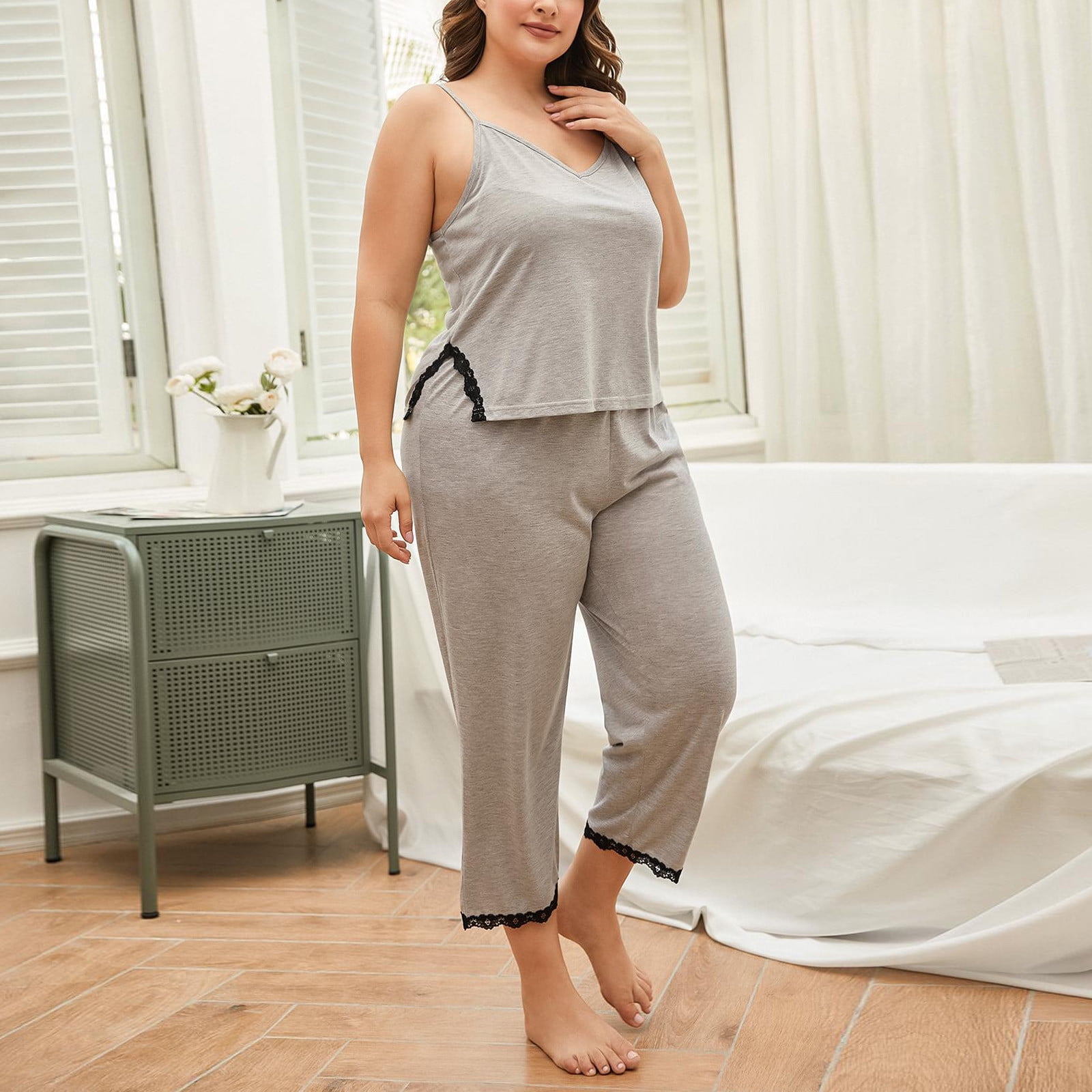 CAICJ98 Womens Pajamas Women Summer Plus Size Comfortable Breathable Lace Sleepwear Set Ladies Summer Pajamas 2XL Grey