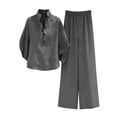 thumbnail image 6 of yardsong Women's Two Piece Linen Set Batwing Sleeve V Neck Button Shirts and Wide Leg Pants Set Summer Beach Vacation Outfit Gray,L, 6 of 9