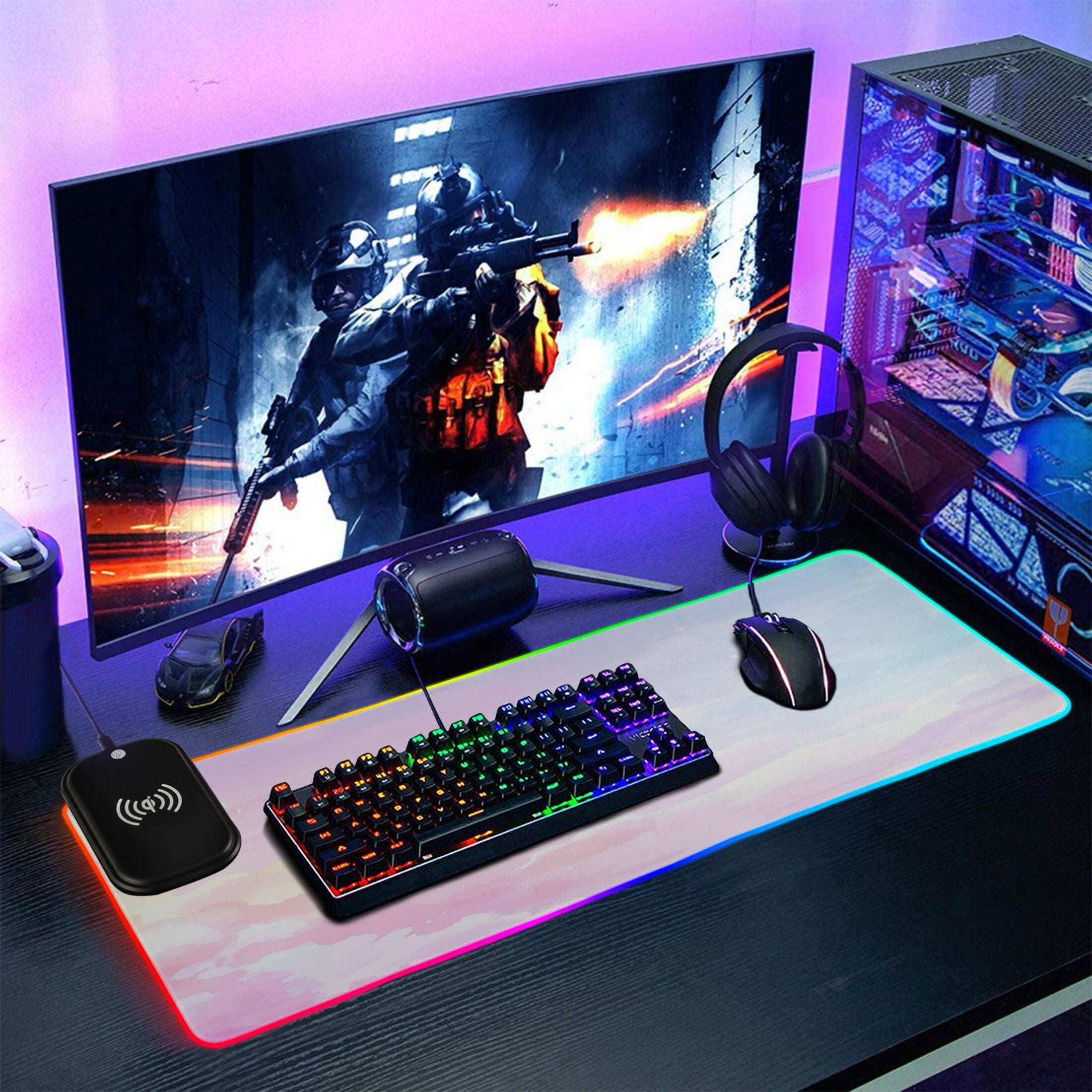 Pink Pattern Glowing Extended Large Gaming Mouse Pad 35.4x15.7in with Wireless Charger and Durable Edges