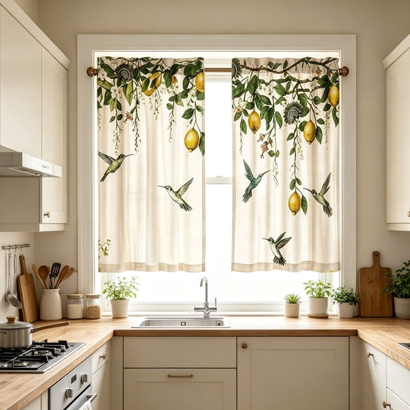 Lemon Hummingbird Print Semi Sheer Tier Curtains Set of 2 27.56W x 39.37H Rod Pocket Light Filtering Curtains for Kitchen Bathroom