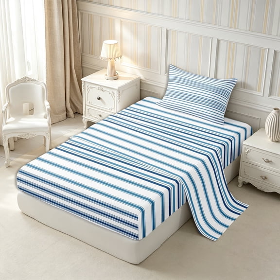 Castle Fairy Mid Century Horizontal Stripe Twin Sheets 3pcs,Vintage Thin Line Bedding,Navy Blue White,1 Flat Sheet, 1 Fitted Sheet and 1 Pillowcase