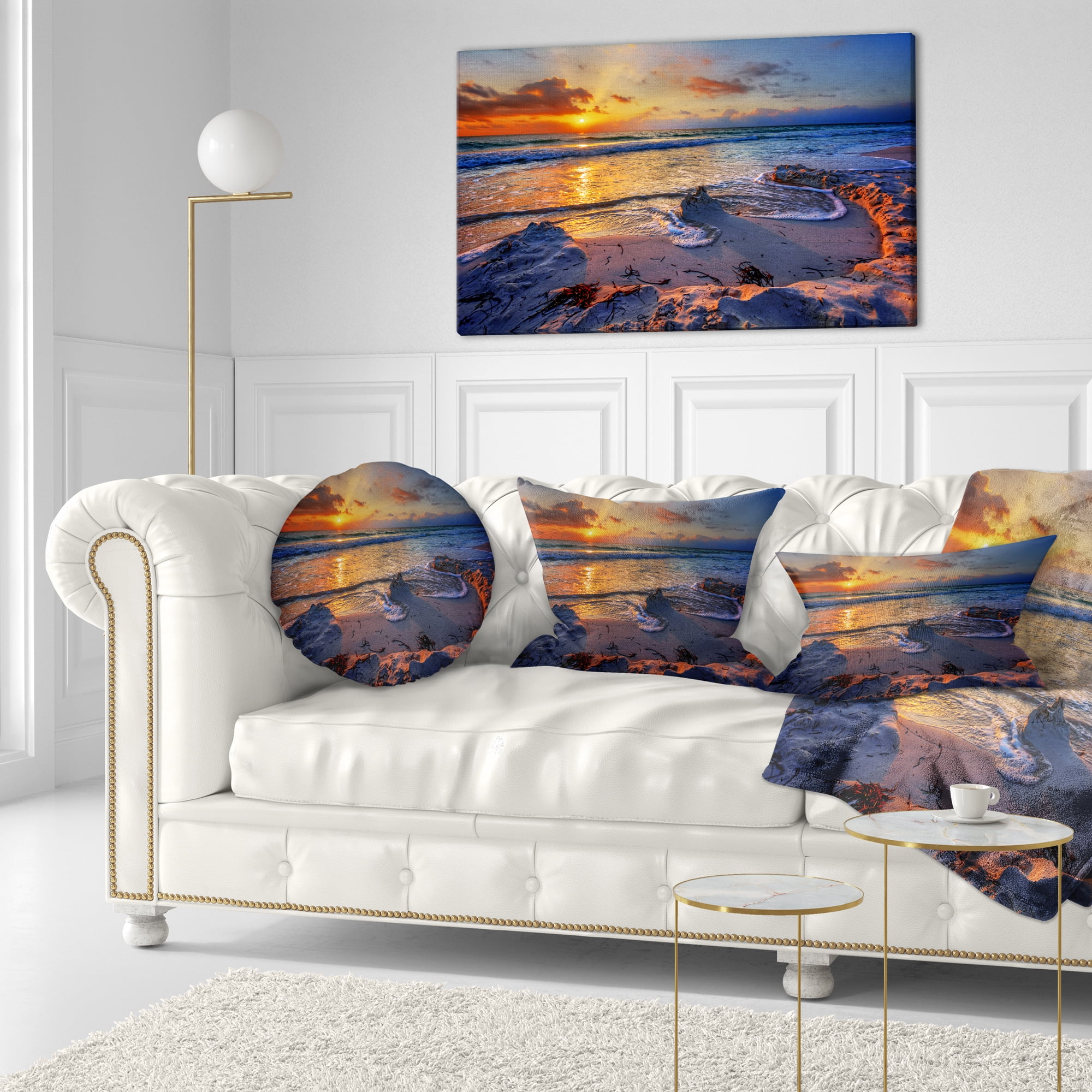 Designart Beautiful Seashore with Yellow Sun - Seashore Throw Pillow - 12x20