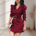 thumbnail image 3 of Spring Women Dress V Neck Belted Waist Smooth Faux Leather Long Bubble Sleeves Solid Color Commuting Shopping Office Mini Dress, 3 of 7