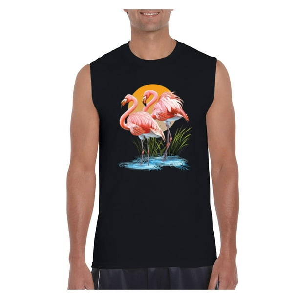 blue shirt with flamingos