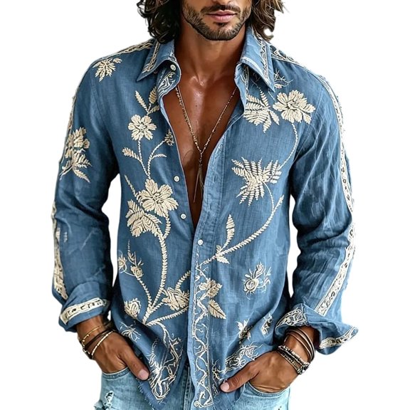 Men's 70s Retro Floral Long Sleeve Shirt Bohemian Loose Casual Hippie Top Vacation Holiday Travel Blouse