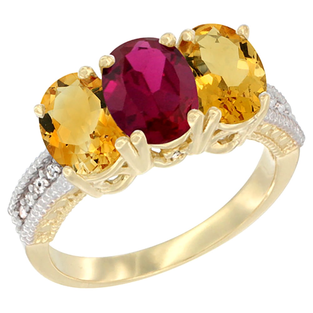 10K Yellow Gold Diamond Natural Enhanced Ruby & Citrine Ring 3-Stone 7x5 mm Oval, sizes 5 10 by WorldJewels