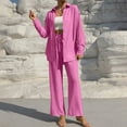 thumbnail image 4 of YOIAVAIOY Women's 2 Piece Holiday Set Long Shirts and Wide Leg Pants Beach Suit Casual Solid Sets Fall Matching Lounge Outfits Hot Pink M, 4 of 9