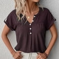 thumbnail image 2 of Short Sleeve Blouse Button V Neck Pleated Design Pure Color Casual Women Summer Top for Office Daily Shopping Brown M, 2 of 6