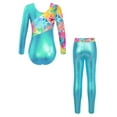 thumbnail image 2 of inlzdz Kids Girls Long Sleeve Gymnastics Leotard with Athletic Leggings 2 Piece Metallic Dance Blue Green 6, 2 of 7