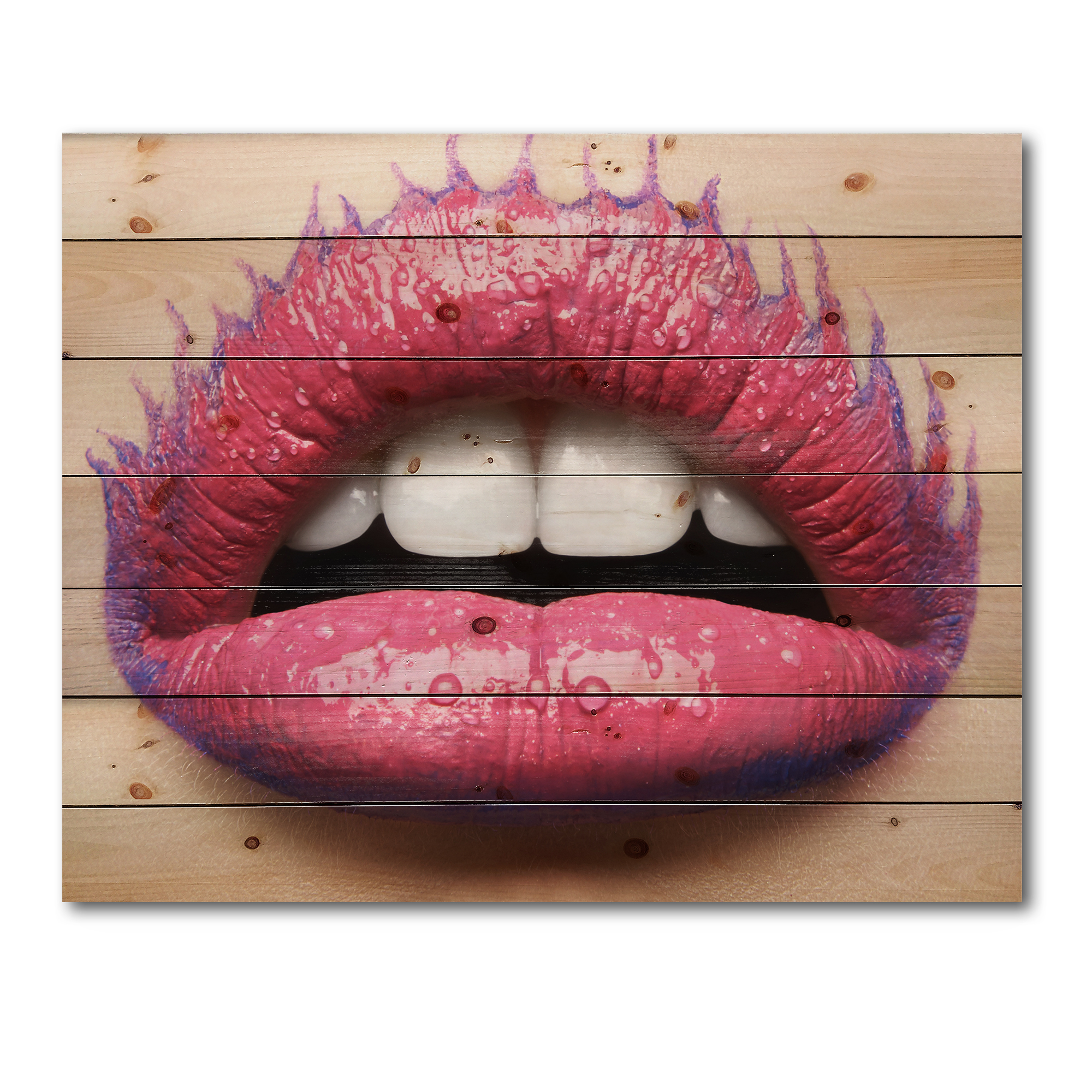 Designart 'Beautiful Woman Lips With Pink Lipstick' Modern Print on Natural Pine Wood