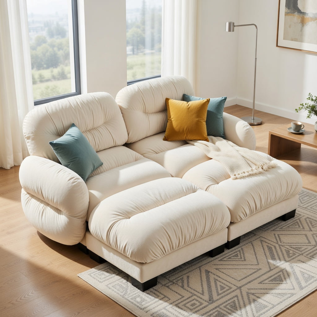 Hommoo Chenille 2-Seat Modular L-Shaped Sectional Sofa with Ergonomic Foam, Curved Armrests, 2 Ottomans & Throw Pillows, Pleated Back Design, Beige
