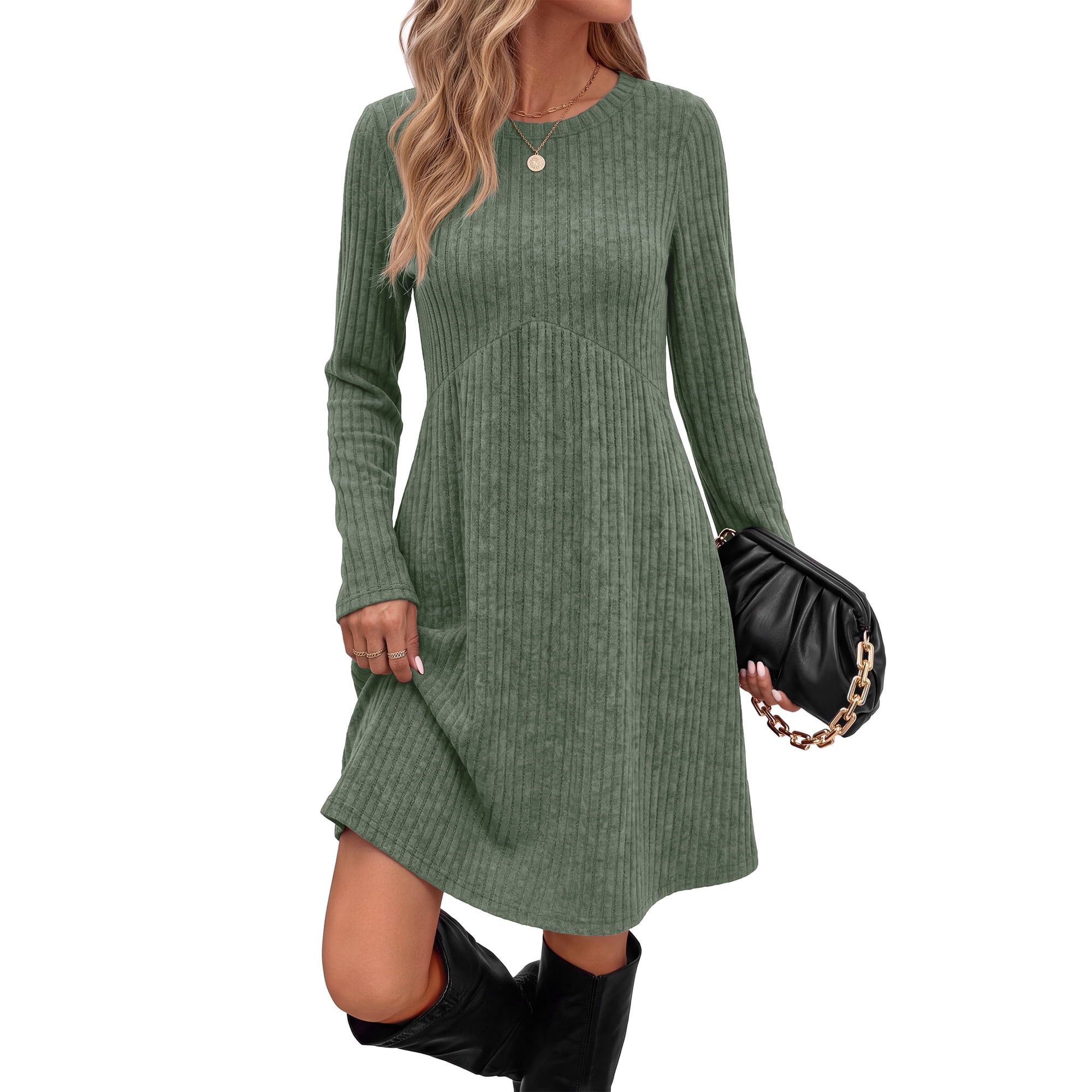 Fantaslook Fall Long Sleeve Dresses for Women Crew Neck Empire Waist Tunic Dress with Pockets Sweater Dress
