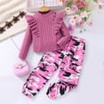 thumbnail image 2 of YDFCWXW Girls' Clothing Sets, Ribbed Knit Long Sleeve Shirt & Camo Pants, 2 Piece Fall Outfits for Girls (Pink, 4-5 Years), 2 of 9