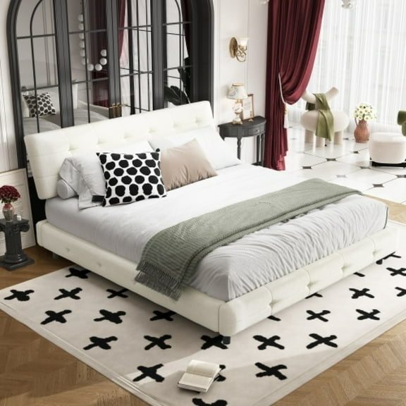 King Size Platform Bed Frame - Tufted Chenille Headboard with Ultra-Soft Cloud Pillow, Metal & Wooden Slats Noise-Free Stable Bed,Beige