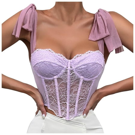Youmylove Womens Casual Shirt Floral Lace Cami Crop Top Sheer Mesh Corset Bustier Boned Overbust Corset Bodyshaper Lingerie Top Ribbed Fitted Tank Top