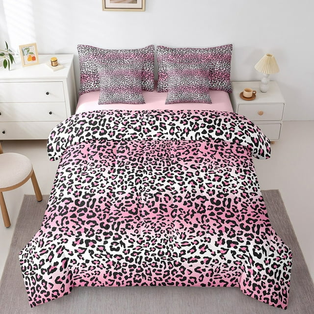 Erosebridal Literie Guépard Grand Lit, Ensemble de Lit Imprimé Léopard Rose, Ensemble Moderne Réversible Tout-en-un Grand Lit, Décoration de Chambre Super Douillette, 7 Pcs