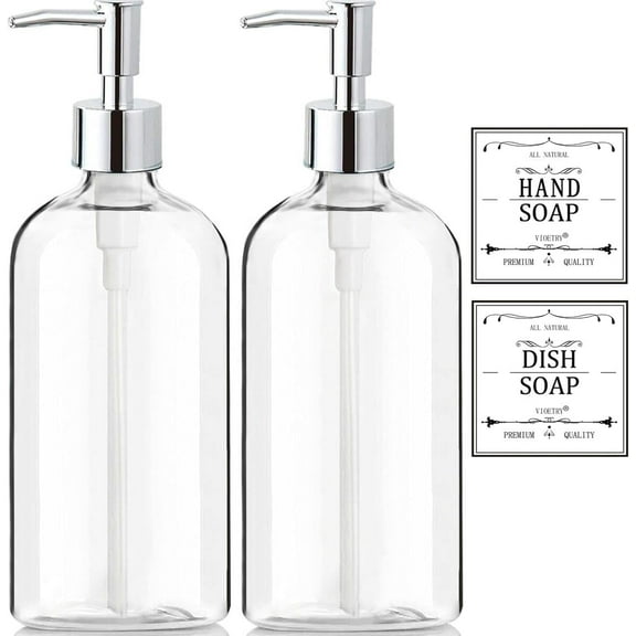 Clear Soap Dispenser with Rust Proof Pump, Waterproof Labels (2 Pack,16 Oz), Plastic Hand Soap Dish Soap Dispenser for Kitchen Bathroom