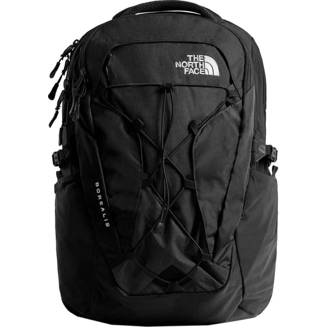 mochila the north face borealis unisex para adultos, 28 l, negra — vista frontal centrada de mochila negra con logotipo blanco The North Face, panel frontal con cordón elástico en X, bolsillos laterales de malla para botellas, doble cremallera en compartimento principal y frontal, tirantes acolchados con panel trasero de malla. Compartimento acolchado para portátil de 15" y bolsillo externo con forro polar para gafas.