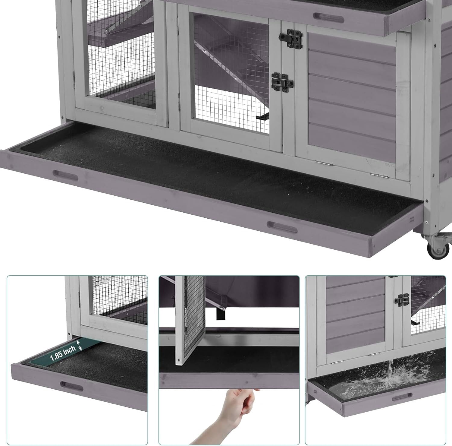 Aivituvin 2-Tier Indoor Rabbit Hutch Bunny House Guinea Pig Cage with Sliding Plastic Trays, Wheels & Ramp, 47.2" Multi-Door Wooden Small Animal Cage for Rabbits, Bunnies, and Guinea Pigs (Grey)