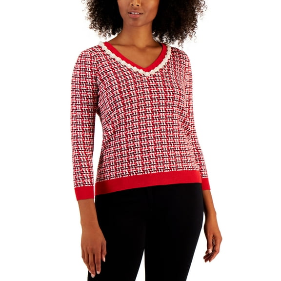 Charter Club Womens Imitation Pearl Neck Sweater Ravishing Red Combo L