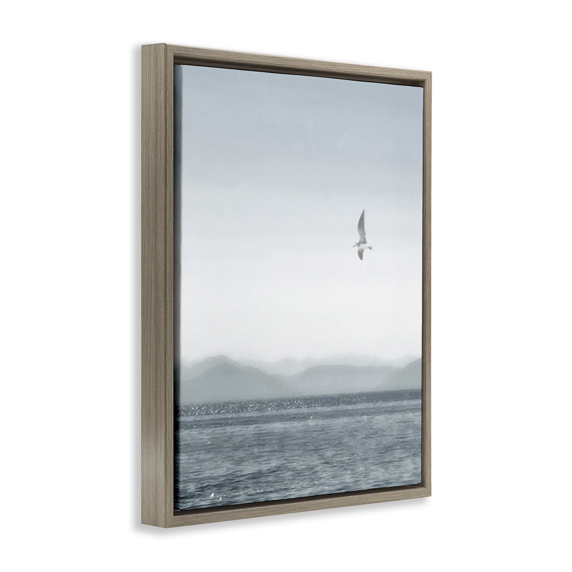 Stupell Industries Lone Gull over Sea Coastal Painting Brown Floater Framed Canvas Art Print Wall Art, 25 x 31