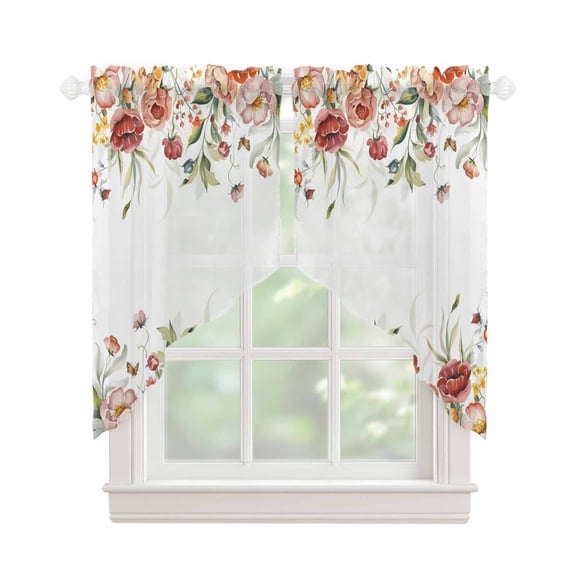 Pink Floral Swag Valances for Windows, Spring Pastoral Botanical Wildflowers Leaves Rod Pocket Sheer Valances for Windows, Swag Toppers Light Filtering for Kitchen Living Room 2 Panels 36''x45''