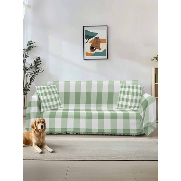 Sage Green Buffalo Plaid Couch Cover for Dogs, Green White Checkered Farmhouse Washable Sofa Covers Slipcover for Pets Dogs Futon Cover, Couch Recliner Covers, Oversized Chair Slipcover 71"x91"