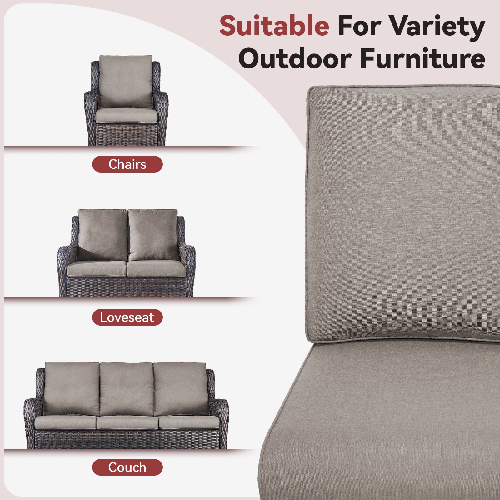 POCASSY Outdoor Deep Seat & High Back Cushion Set, 4-Inch Thick Patio Furniture Replacement Cushion with Water and UV Resistant Removable Cushion Cover for Chair Sofa Couch, Gray
