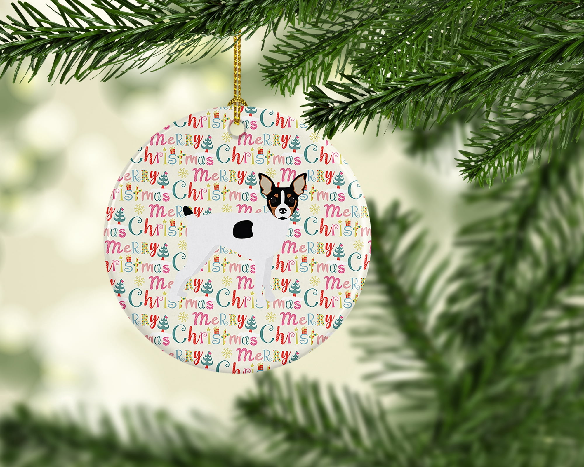 Toy Fox Terrier Merry Christmas Ceramic Ornament 2.8 in x 2.8 in