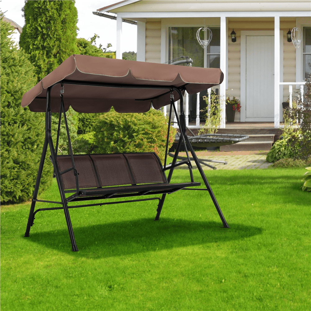 Renwick 3-Seat Outdoor Patio Swing Chair with Adjustable Canopy, Dark Brown