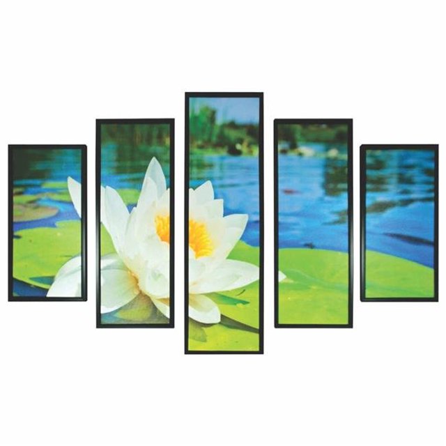 Benzara BM200468 Wood Wall Decor with Lotus Flower & Lake Imprint, Multi Color - 5 Piece