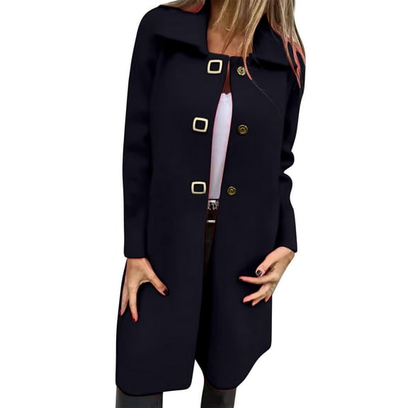 HTNBO Long Wool Pea Coats for Women Single Breasted Snap Lapel Overcoat Casual Fall Wool Blend Jacket Coats with Pockets