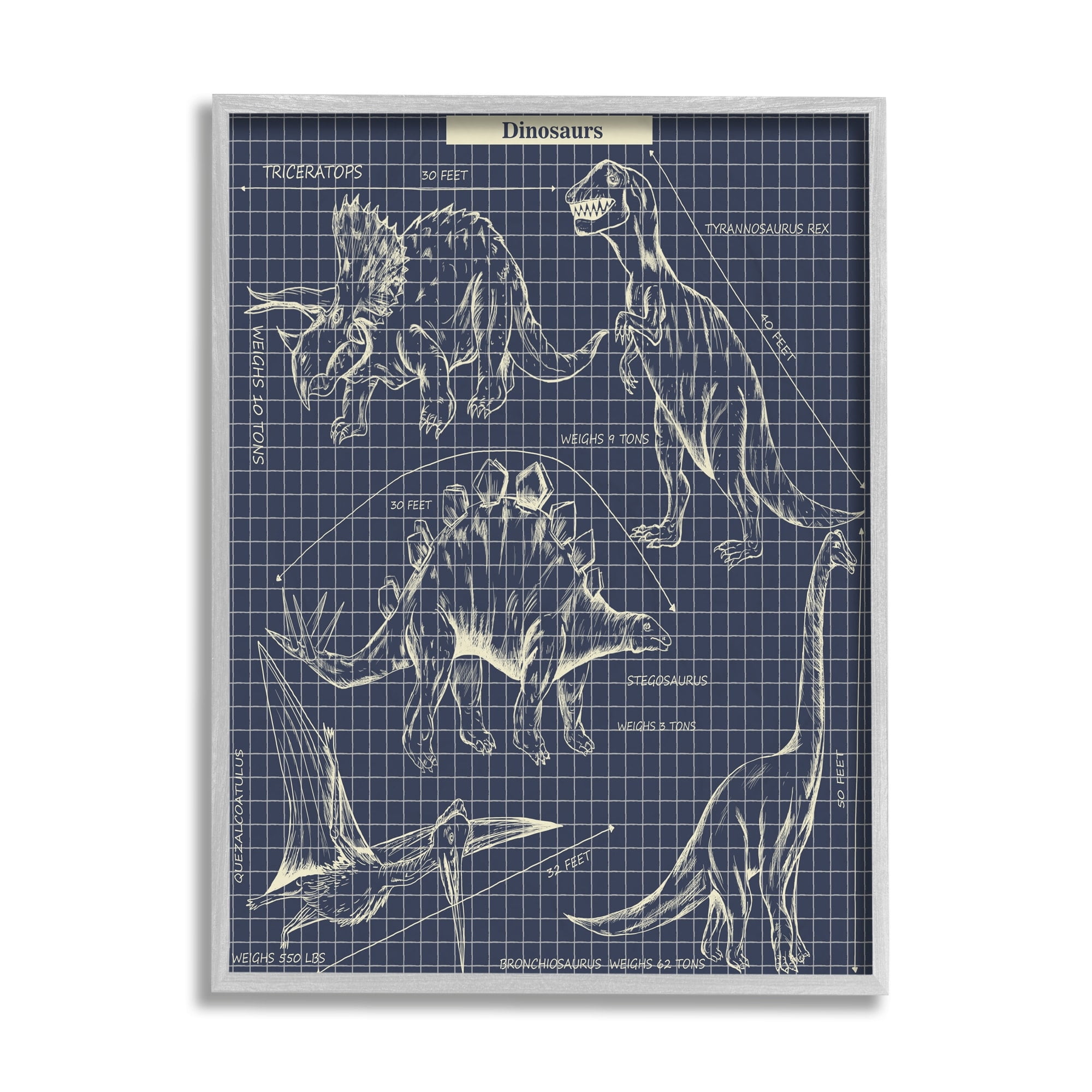 Stupell Industries Vintage Dinosaur Blueprints Dino Fact Graph Gray Framed by Sangita Bachelet