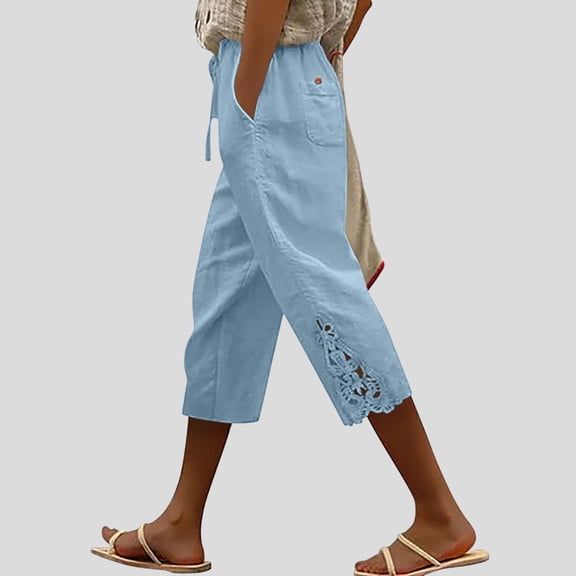 TaTaai Women's Cropped Pants for Women Solid Color High Waisted Drawstring Patchwork Button Detail Capris with Pockets for Daily Gift