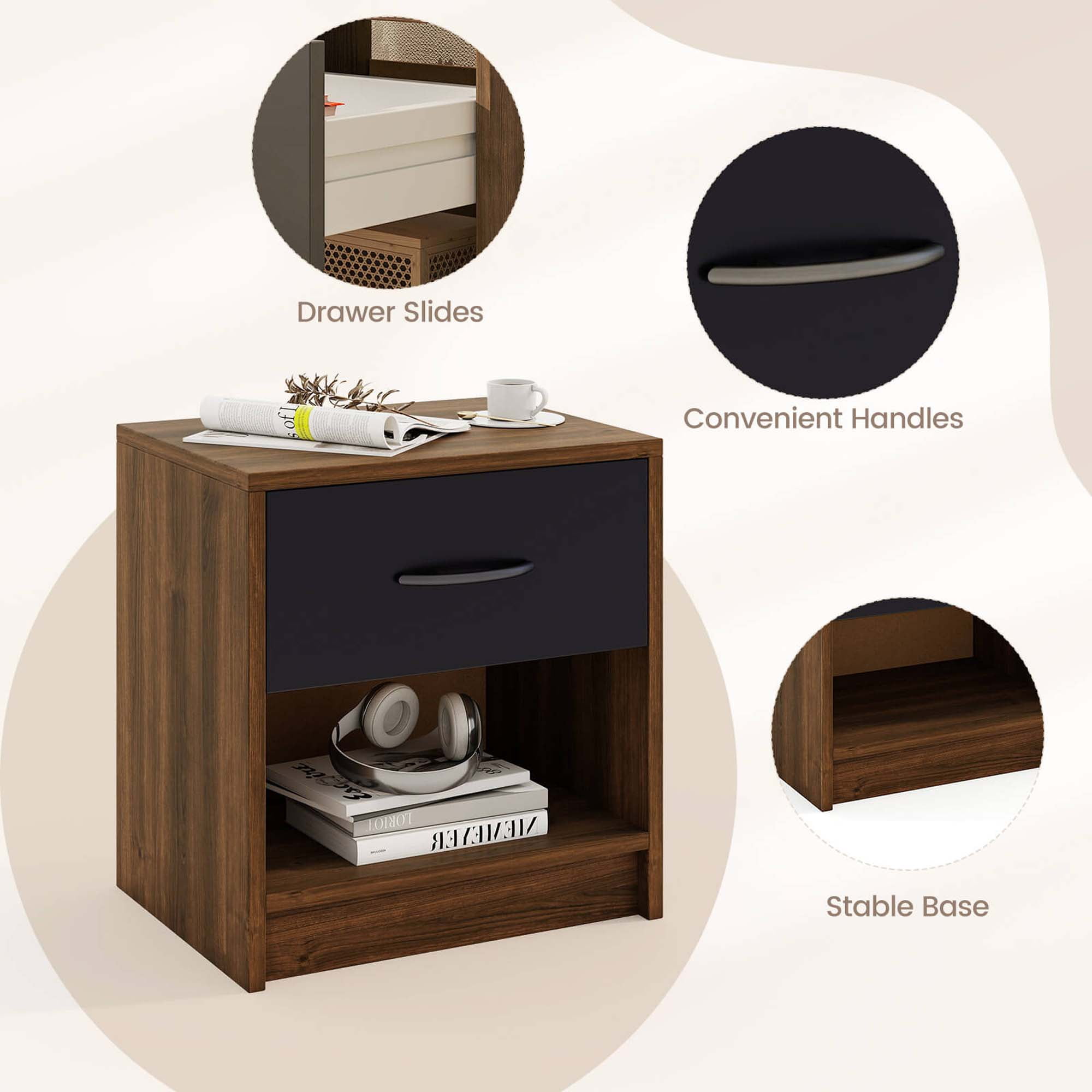 Costway Modern Nightstand Bedside Table with Drawer Open Storage Shelf for Small Spaces Brown