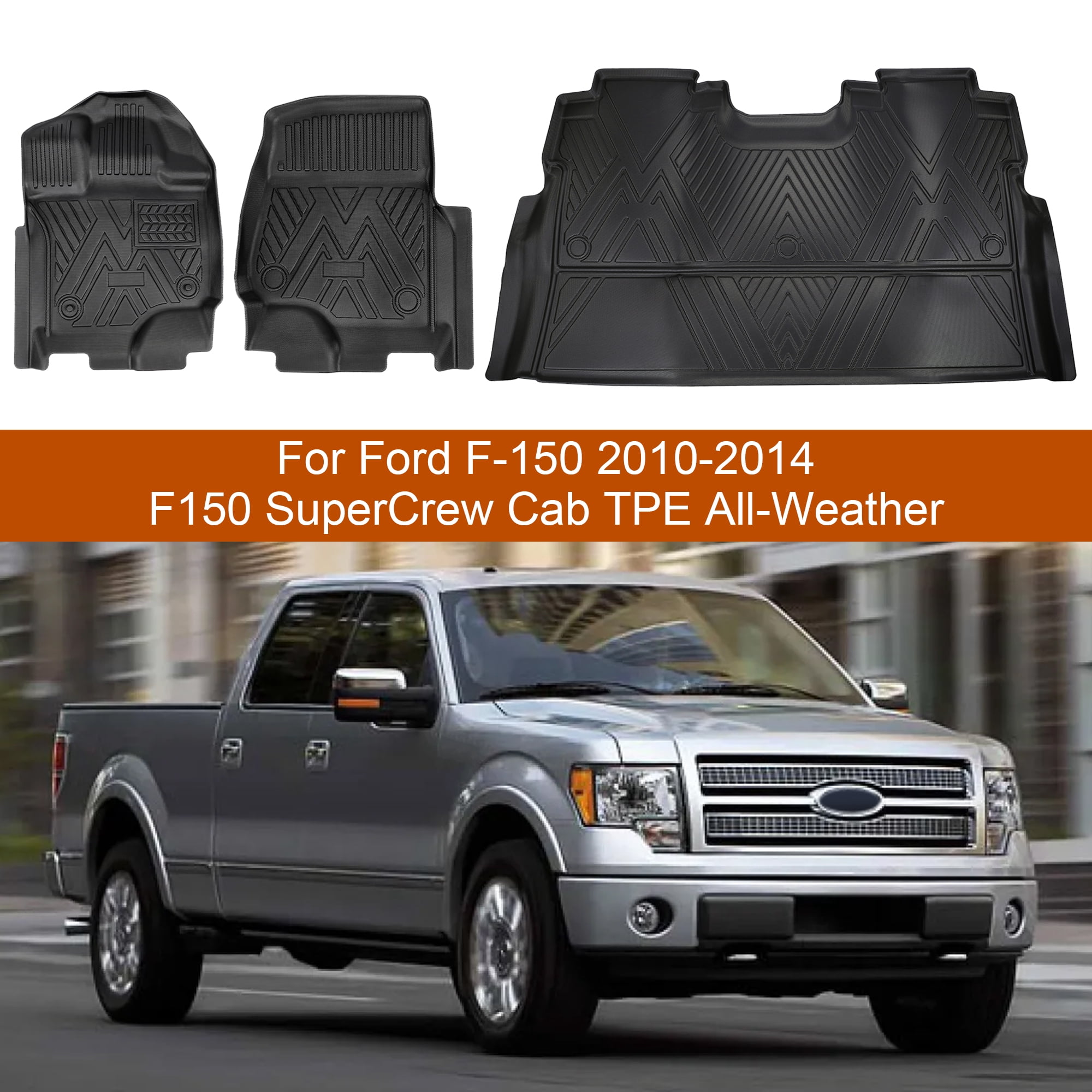 Car Floor Mats Liner For 2010-2014 Ford F-150 F150 SuperCrew Cab TPE All-Weather, Front & 2nd Row, 3-Piece Set, Black