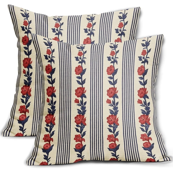 4th of July Floral Pillow Covers 18x18 Set of 2 Blue Red Vintage Patriotic Flower Striped Pattern Print Memorial Day Decorative Throw Pillow Cases Outdoor Rustic Farmhouse Decor for Sofa Couch Bed