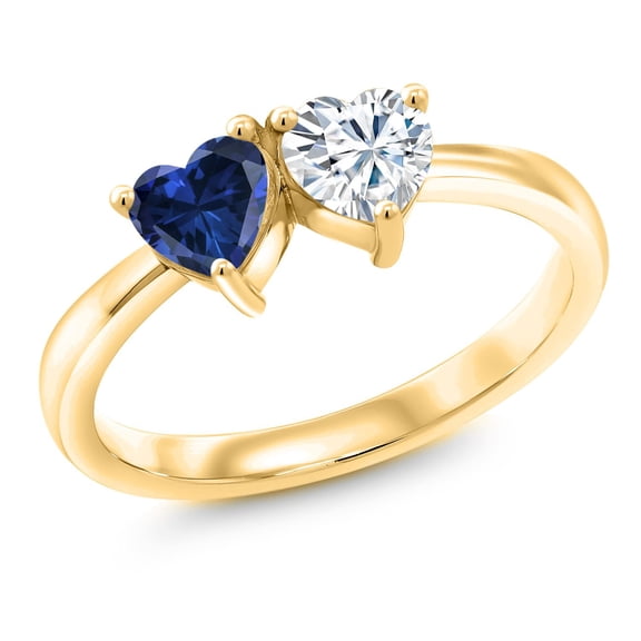 Gem Stone King 18K Yellow Gold Plated Silver Fashion Right-Hand Ring Set with Heart Shape Blue Created Sapphire and Moissanite (1.00 Cttw, Size 5)