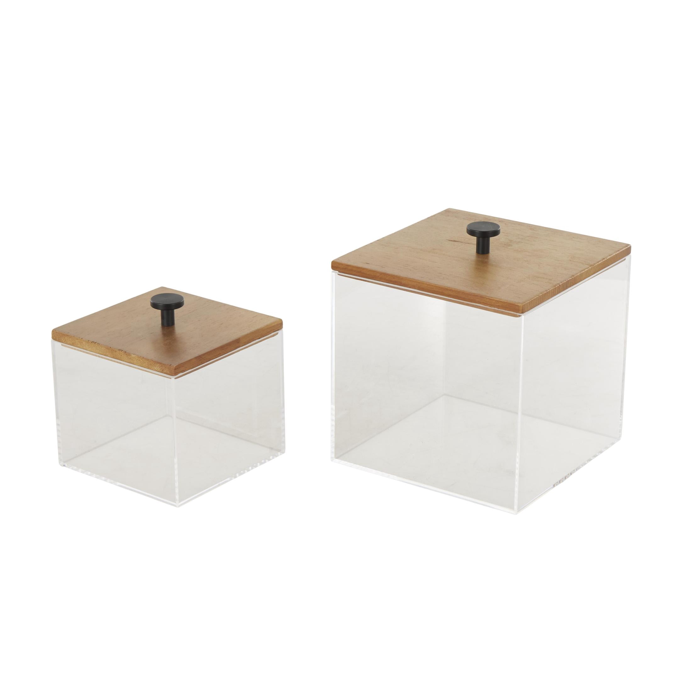 DecMode Clear Acrylic Plastic Decorative Box with Brown Wooden Lids and Black Knobs, 2 Count