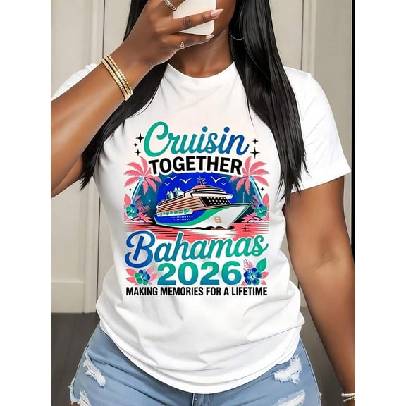 1pc Women' Cruise Bahamas Print White TShirt, Crew Neck, Casual Cotton Tee Medium Stretch Knit Fabric, Regular Fit For Female Ladies For Spring/Summer/Fall