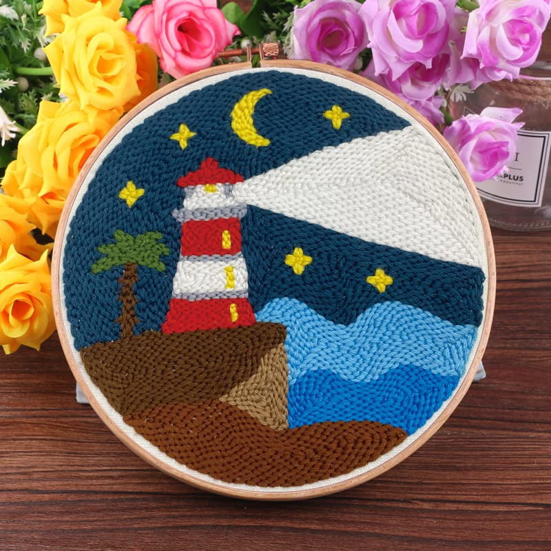 2 Pack Easy Smaller Size DIY Craft Punch Needle Embroidery Kits Rug for Starter Kits with Stamped Color Pattern with Instruction,Yarn and Wood Needle Pen,15cm Hoop (Mountains,Lighthouse)