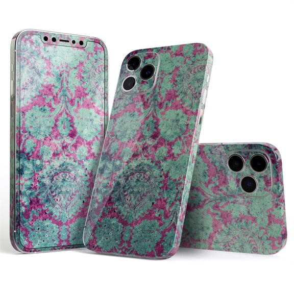 DesignSkinz Grungy Teal and Pink Damask Pattern Full-Body Skin Decal Wrap Cover for iPhone 16