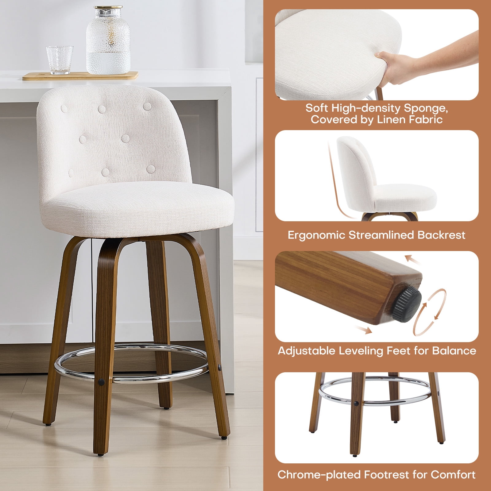 Foreate Swivel Bar Stools Set of 2, 26" Upholstered Linen Fabric with Button-tufted Mid-Back & Wood Legs, Modern Chair Kitchen Pub Island Counter Stool
