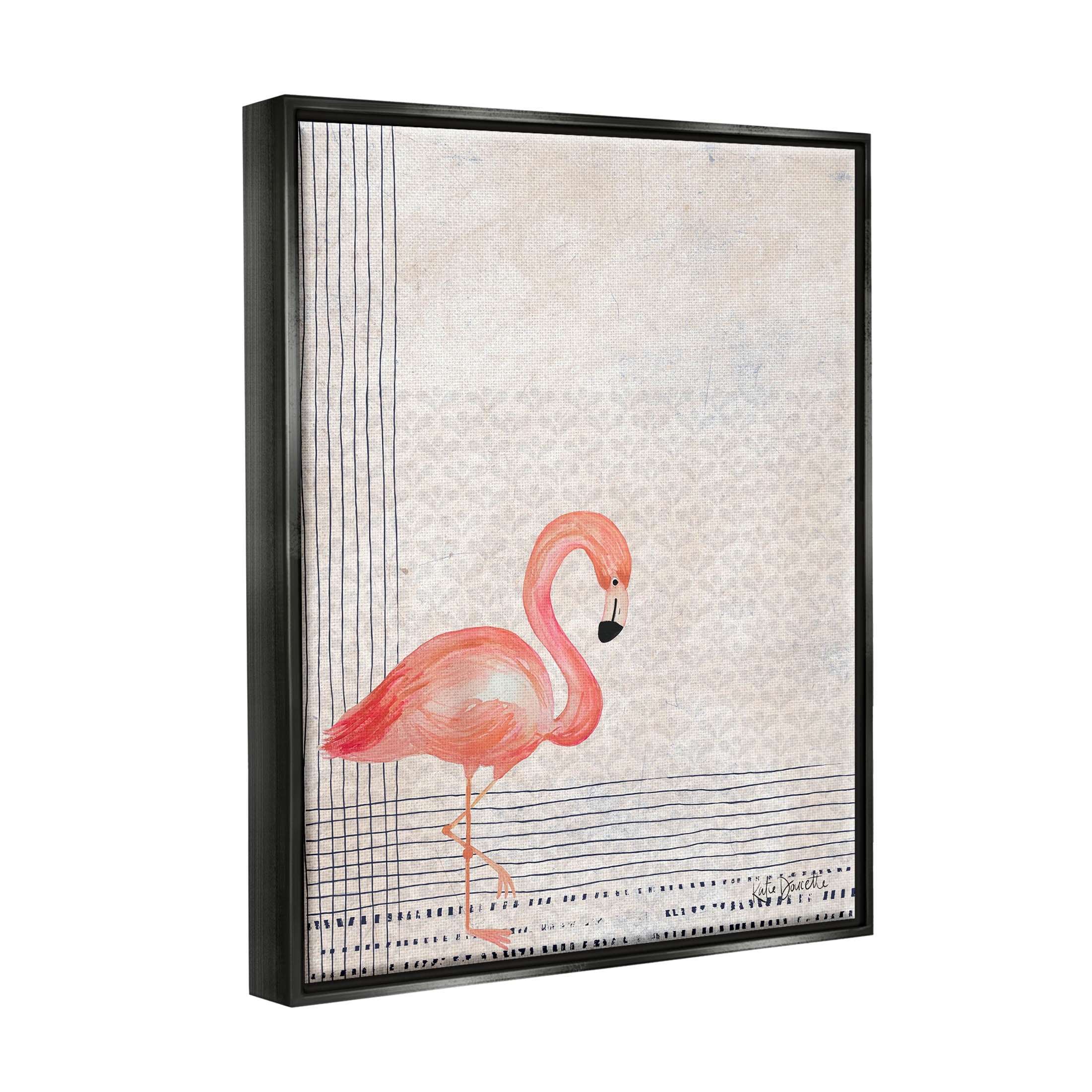 Stupell Industries Patterned Flamingo Bird Layered Stripes Graphic Art Jet Black Floating Framed Canvas Print Wall Art, Design by Katie Doucette