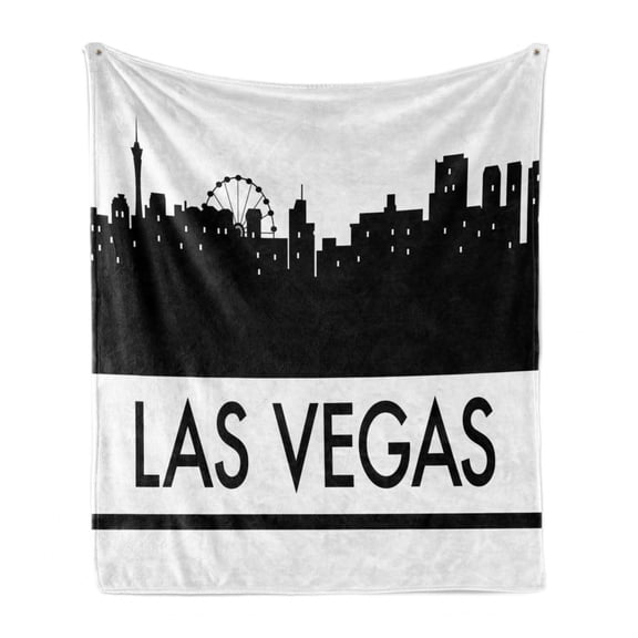 Las Vegas Soft Flannel Fleece Blanket, Monochromatic Graphic Drawn Buildings Silhouette Above City Inscription, Cozy Plush for Indoor and Outdoor Use, 60" x 80", White Charcoal Grey, by Ambesonne