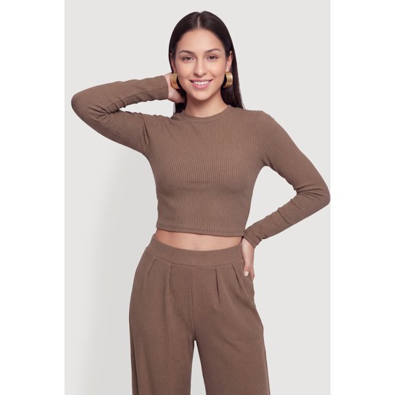 Women's Brushed Ribbed Knit Long Sleece Crop Top