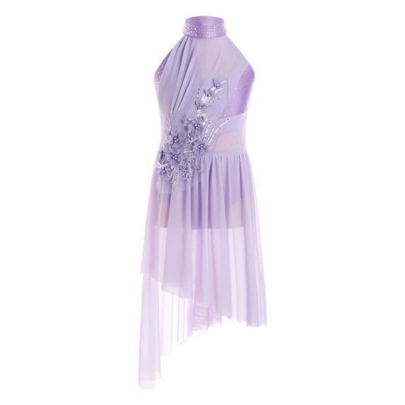 Girls Applique Ballet Figure Skating Rhinestone Gymnastics Leotard Dress Sleevesless Mesh