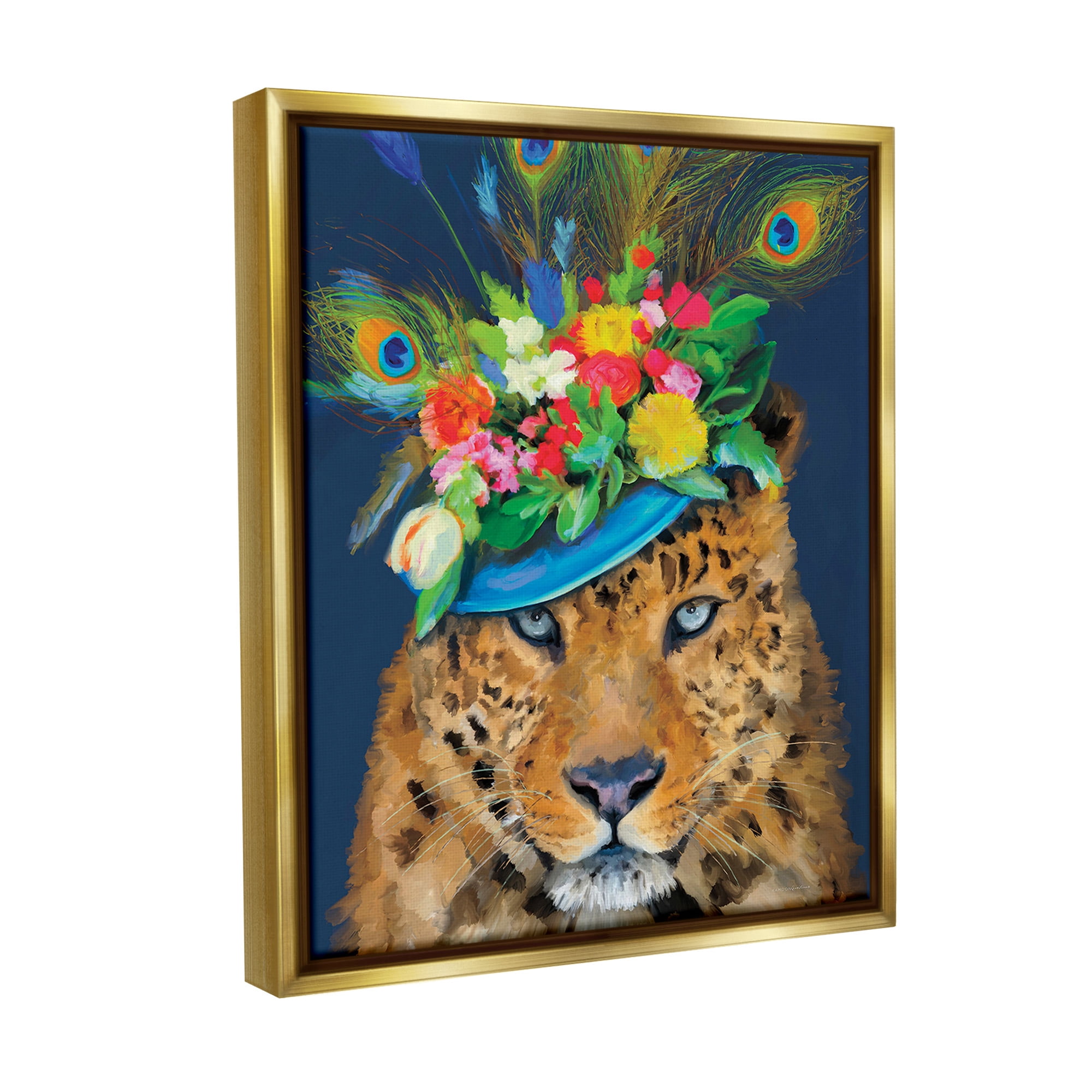 Stupell Industries Cheetah with Feather Hat Animals & Insects Painting Gold Floater Framed Canvas Art Print Wall Art, 25 x 31