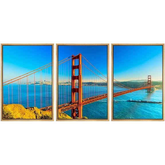 wall26 Framed Canvas Print Wall Art Set Vibrant Sunshine San Francisco Golden Gate Bridge Nature Cityscape Photography Realism Landscape Colorful for Living Room, Bedroom, Office - 16"x24"x